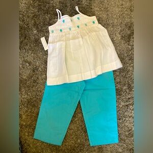 NWT Fantaisie Kids Smocked White Flower Cotton Top & Blue Pants Set Size 6